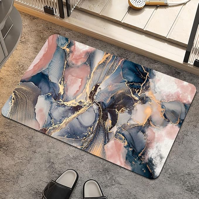 Bath Mat Rug,Pink blue and gold marbleNon Slip Quick Dry Super Absorbent Thin Bathroom Rugs Fit Under Door-Easy to clean Bathroom Floor Mats-Shower Rug for Shower Sink Bathtub(17" x 27.5"In)