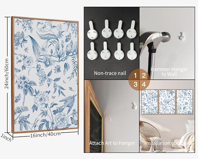 KaiWithYuan Large Navy Blue and White Floral Framed Canvas Wall Art, Classic Chinoiserie Peony Flower Wall Decor, Indigo Birds Art Paintings, Botanical Artwork for Living Room Bedroom Office 16"x24"x3