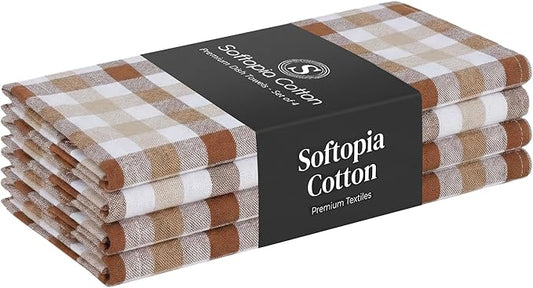 Checked Dish Towels 4 Pack, 18x26 Inches, Quick Dry Towels for Kitchen, Durable, Reusable, Absorbent Wash Cloths Set, Washable Fabric, Heavy Duty for Daily Use - Brown, Beige, White