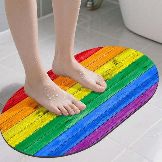 Oval Bath Mat Colorful Rainbow Wood Wall Diatomaceous Mud Mats with Rubber Backing Ultra Soft Washable 23.6"×15.7" Quick Dry Thin Bath Rugs for Bathroom Floor Bathtub Vanity Easy Care
