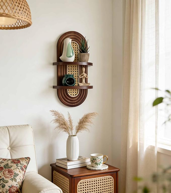2-Tier Woven Rattan Floating Shelves, Mid-Century Modern Boho Vintage Wooden Wall Decor Plant Shelf for Living Room, Bedroom, Bathroom, Home Office, Ideal for Small Planters & Accents (Walnut)