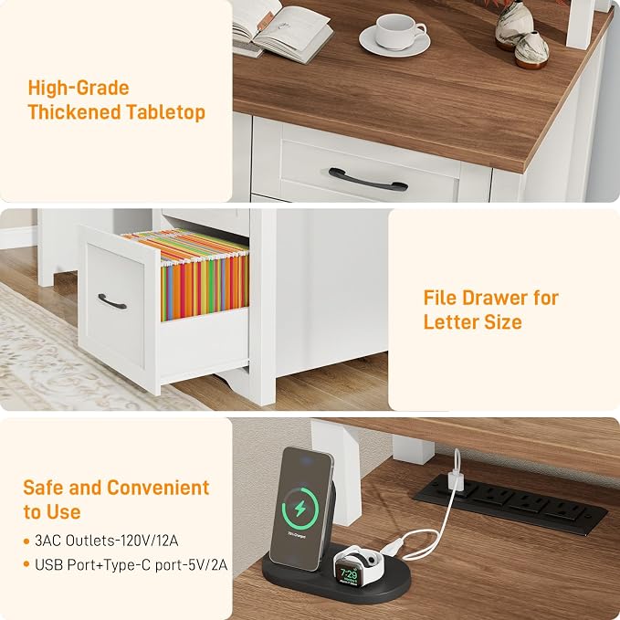 Vabches 47" Farmhouse Executive Desk with Monitor Stand & File Cabinet,3 Drawers Computer Desk with LED Lights and Power Outlets,Workstation for Home Office, Study,Writing.（Unique White）
