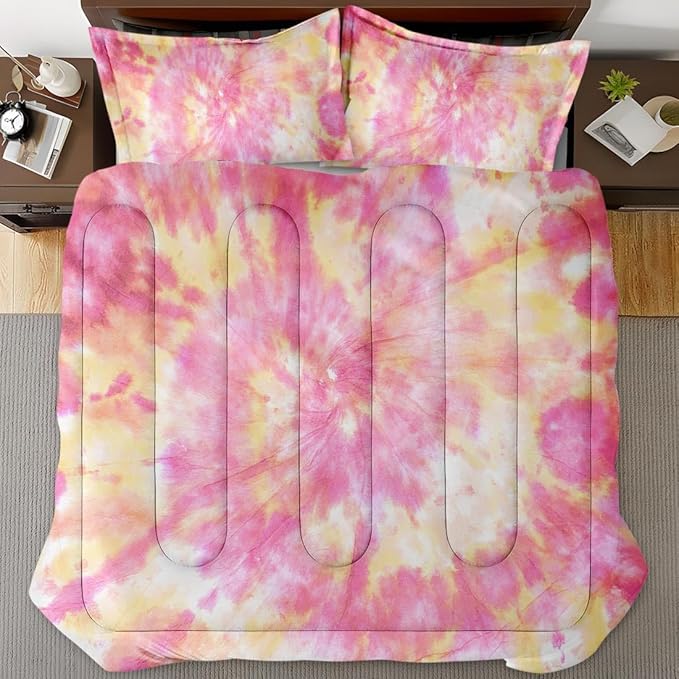 Hippie Tie Dye Orange Queen Comforter Set, Pink Peach Light Bedding Set 3 Piece, All Season Soft Toddlers Children Adults Bedroom Bed Decoration Comforter and 2 Pillow Shams