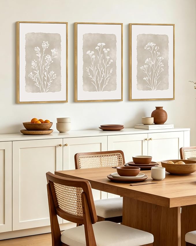 KUVIOKE Boho Botanical Flower Framed Wall Art Farmhouse Vintage Floral Wall Painting Rustic Wildflower Neutral Prints for Living Room Bedroom 16x24in (Natural Framed)