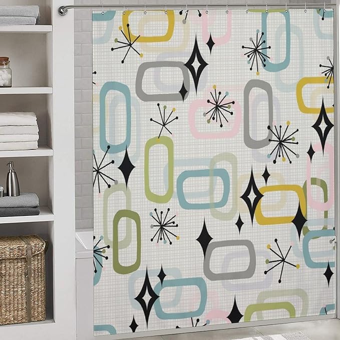 Vintage Mid Century Shower Curtains Retro Geometric Atom Square Pattern Design Washable Waterproof Fabric for Bathroom Decor Bathtub with 12 Hooks 72x72in (183x183cm)