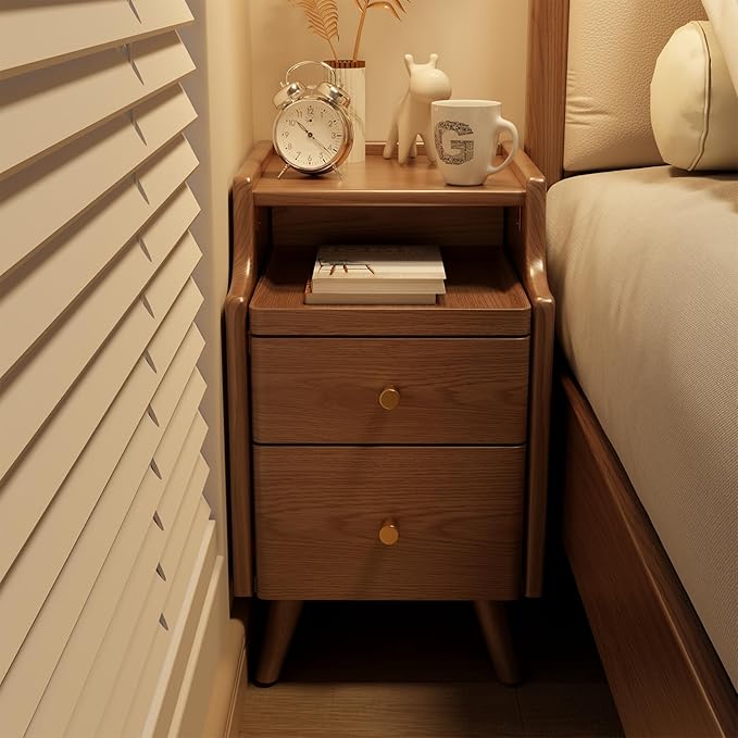 AQIMUELE Wood Nightstand, Walnut Nightstand with 2 Drawers, Bedside Table for Bedroom