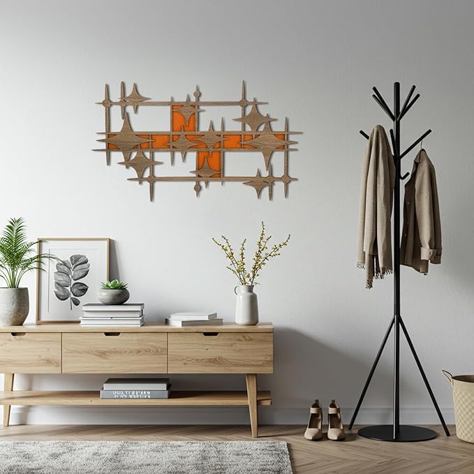 BrightRow Wooden Mid Century Modern Large Starbursts Wall Decor, Retro Starburst Panels Sculpture, 14.96 X 8.82 inch, Abstract Wall Decor Accents for Home Office Living Room
