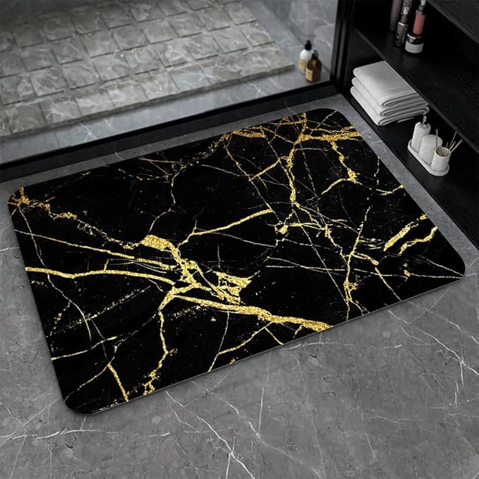 Diatomaceous Earth Bath Mat,Black Gold Marble Non-Slip Volume Super Absorbent Fast Drying for Bathroom Kitchen Door mat,Eco-Friendly Easy to Clean 17×27.5Inch (43 * 70cm)