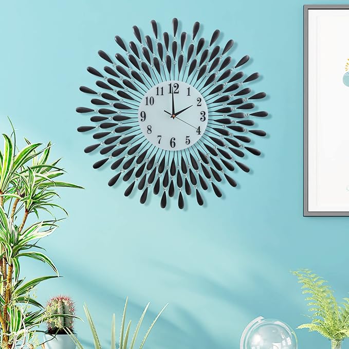 28.0 INCH Wall Clock for Living Room Decor,Non-Ticking Quiet Metal Petals Dial Glass Big Wall Clocks Black for Bedrooms Kitchen and Small Space Decoration