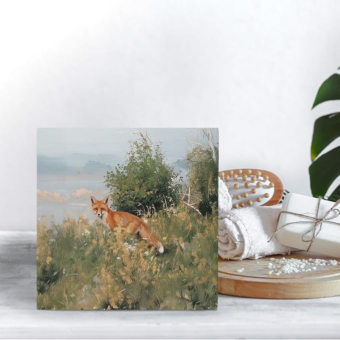 Forest Fox Wooden Box Sign Desk Decor, Gifts for Fox Lovers, Cottagecore Rustic Wild Animal Wood Signs for Home Living Room Office Desk Table Shelf Decorations, 5x5 Inch