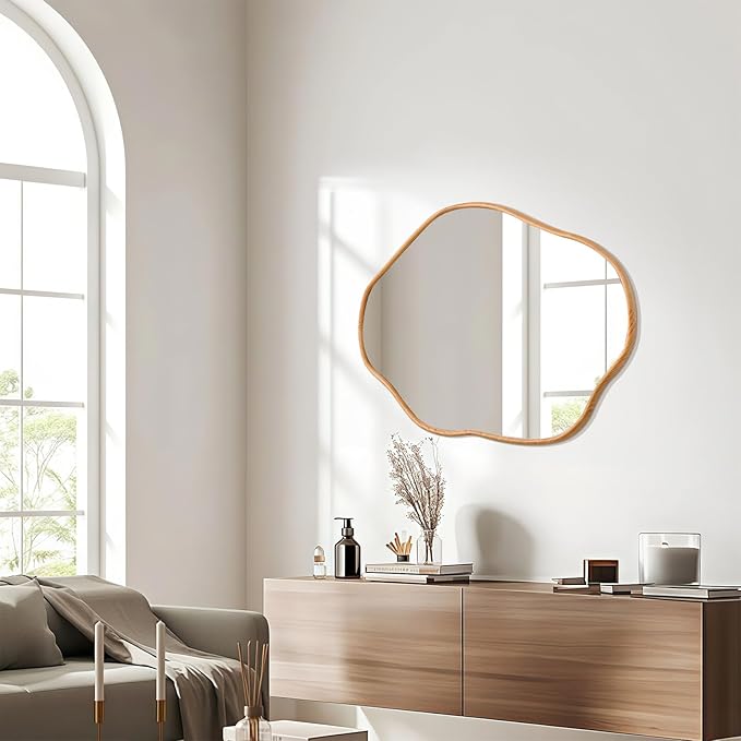 ULIKE Irregular Wall Mirror, 24x36 Inch Asymmetrical Wall Mirror with Solid Wood Frame, Mid-Century Modern Decor with Natural Wood, Vanity Mirrors for Bathroom Bedroom Living Room Entryway