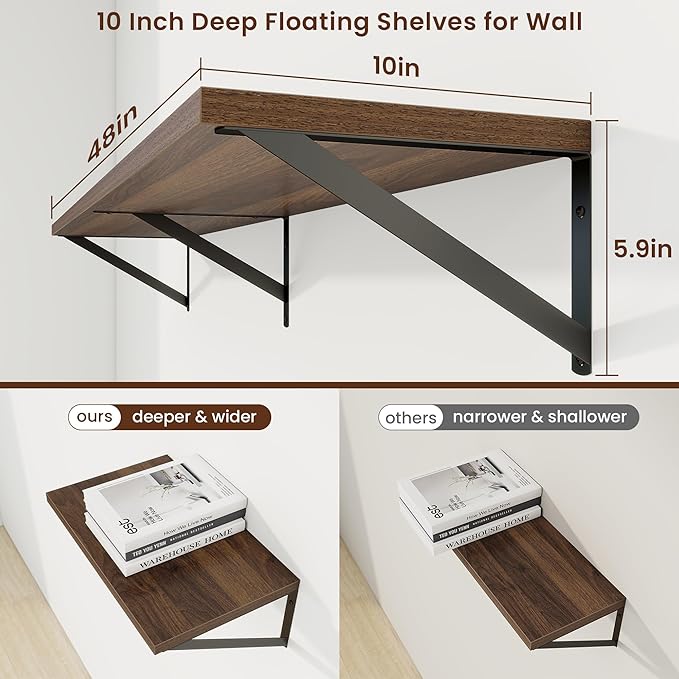 Axeman 48 Inch Floating Shelves | 10 Inch Deep Walnut Wall Shelves Set of 2 | 48" W x 10" D Walnut Floating Shelves for Living Room Bathroom Kitchen