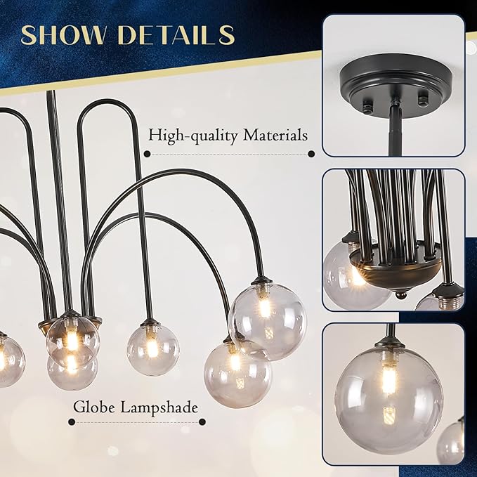 8 Lights Modern Sputnik Chandelier Large Luxury L41” Black Mid Century Smoke Glass Globe Ceiling Pendant Lighting Contemporary for Foyer Staircase Living Dining Room Kitchen