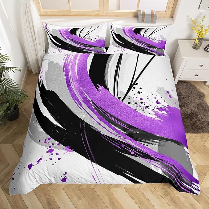 Erosebridal Black and Purple Duvet Cover | Geometric Striped Bedding Sets for Girls Modern Contemporary Art Bed Set Boys Adults Boho Minimalist Aesthetic Art Bed Cover Full 3 Pieces