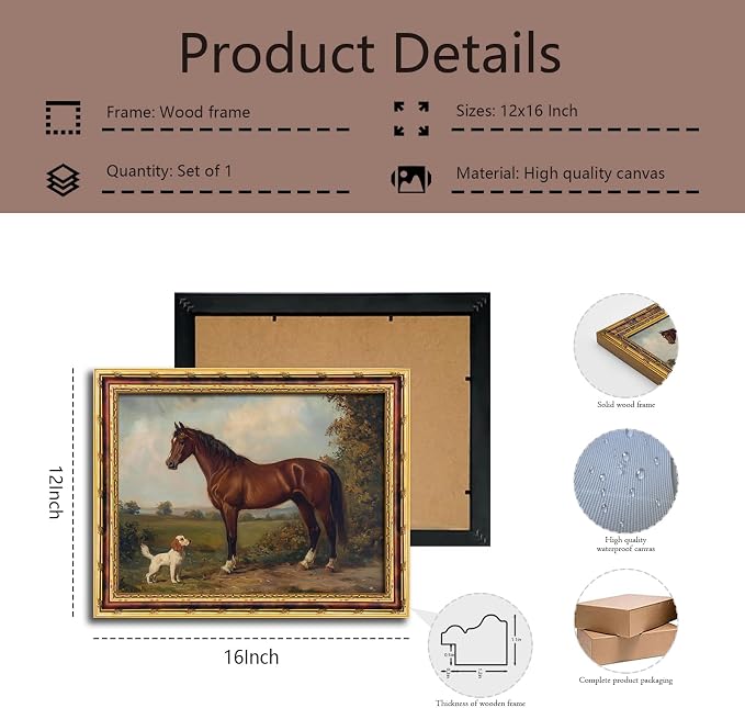 Vintage Horse and Dog Wall Art with Gold Antique Frame, Classic Western Farmhouse Painting Print, Rustic Country Home Decor Picture Wall Art 12×16 Inch