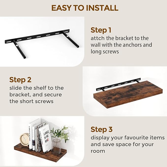 Fun Memories 32" W x 9.3" D Floating Shelves, Rustic Wood Deep Shelves for Bedroom, Kitchen, Living Room, Long Floating Shelf for Wall, Storage Display Wall Shelf for Books Decor, Rustic Brown