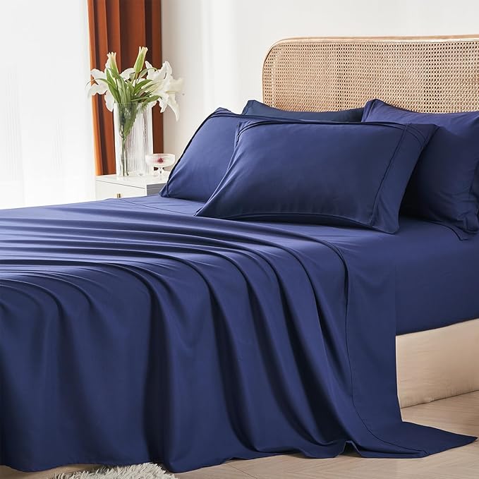 Yogeneg Queen Comforter Set 7 Piece Bed in a Bag,Grid Pinch Pleat Navy Blue Bedding Set,Striped Textured Soft Microfiber Comforter with Sheet Set,All Season Complete Bed Set(Navy Blue,Queen)