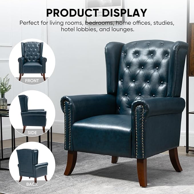 MOJAY Modern PU Leather Accent Chairs Set of 2, Mid-Century Living Room Chairs Upholstered Club Arm Chair, Single Sofa Chair with Solid Wooden Legs for Bedroom Study Home Office Reception (DarkBlue)