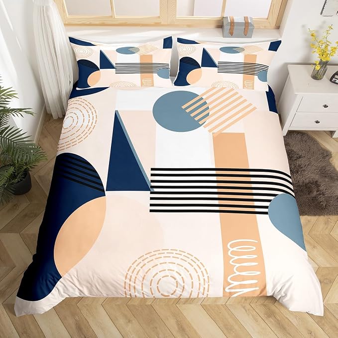 Erosebridal Navy Blue Abstract Duvet Cover Toddler Size for Kids Teens Girls | Colorful Geometric Comforter Cover Minimalist Circle Modern Bedding Set Boho Contemporary Aesthetic Bed Set