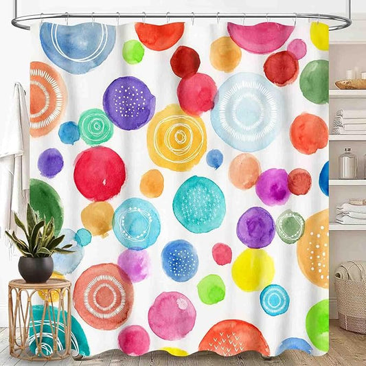 Colorful Shower Curtain for Girls Bathroom, Watercolor Rainbow Cartoon Abstract Circle Polka Dots Splashes Cute for Baby Kids Waterproof Fabric Shower Curtain Set with Hooks, 72"x78" Inch