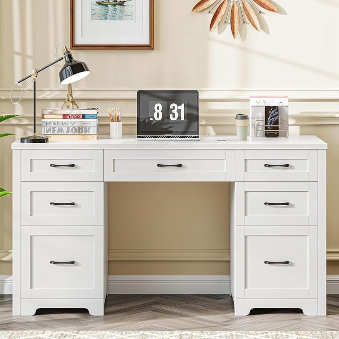 Vabches Farmhouse 61'' Executive Desk with 7 Drawers, Rustic Office Desk Computer Table with File Drawers, Wood Workstation for Home Office and Study,Cream White