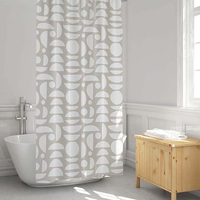 Linen Beige & White Abstract Shower Curtain – Boho Pattern – Modern Minimalist Scandi Style – Neutral Fabric Bathroom Decor – 72x72 Inches (Linen Half Circle)