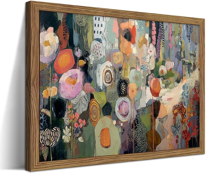 Framed Vintage Colorful Flower Canvas Wall Art, Abstract Floral Graffiti Poster Prints, Modern Boho Botanical Artwork, Elegant Nature Wall Decor for Living Room Bedroom Office 16x24in