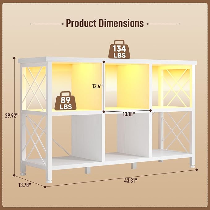 DurayLoly 6 Cube Storage Organizer with LED Light and Charging Station, Wood and Metal Cube Shelf as White Horizontal Book Shelf for Bedroom Home Office
