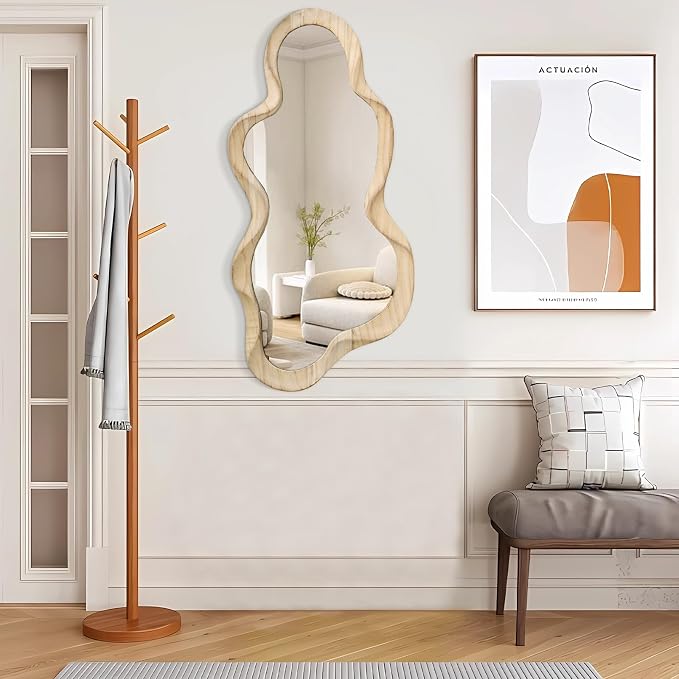Large Asymmetrical Mirror Irregular Modern Cloud Wall Mirror Wood Frame Unique Shape Artistic Wall Mounted Vanity Mirror Decorative for Living Room Bedroom Bathroom Entryway Hallway