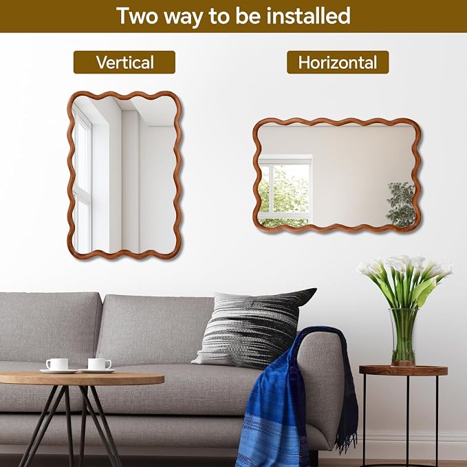 30x20 Inch Wooden Wavy Rectangle Wall Mirror, Modern Solid Wood Frame Decorative Accent Mirror for Bedroom, Bathroom, Living Room, Entryway, Yellowish Brown
