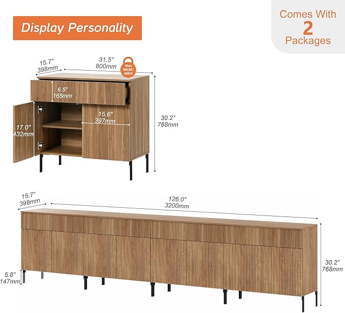 WAMPAT 126" W Large Sideboard Buffet Cabinet with Storage,4 in 1 Fluted Sideboard Buffet with 8 Doors, Wooden Buffet Table, Coffee Bar Wine Bar Cabinet for Dining Room, Living Room, Light Walnut