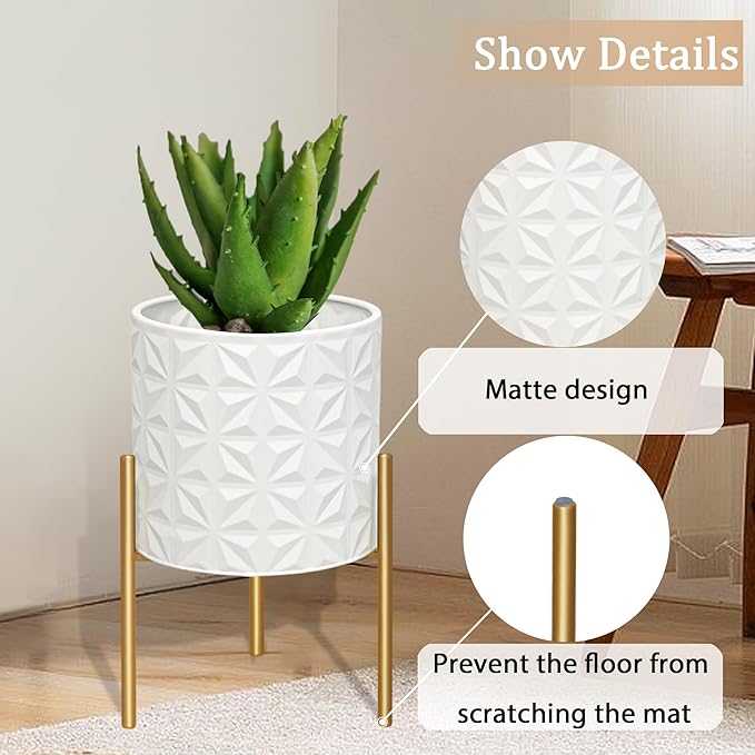 ARNIS Plant Pots with Stand, Set of 2 Indoor Planter Pots, Large Metal Planters with Stand, Mid Century Decorative Flower Pots with Drainage Hole and Gold Plant Stand, 8.25" & 10.5",Matte White