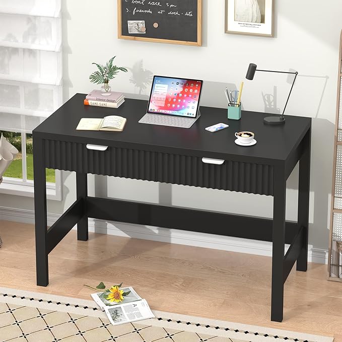 YOMILUVE Fluted Computer Desk with 2 Drawers, 39 Inch Small Computer Desk with Storage, Compact Writing Study Desk for Small Spaces, Black
