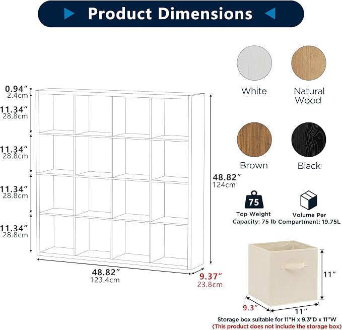 16 Cube Storage Organizer Bookcase, Thick Frame Wood Grain Storage Shelf, Rectangular Cube Open Back Display Unit, 48.8x9.4x48.8 Inches for Living Room, Bedroom, Home Office, Children's Room, Brown