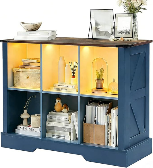 6 Cube Storage Organizer, 2 Tier Book Shelf with Led Lights, Farmhouse Book Shelves for Living Room, Horizontal Toy Storage Bookshelf, Wood Display Bookcase Cabinet for Bedroom, Office, Blue