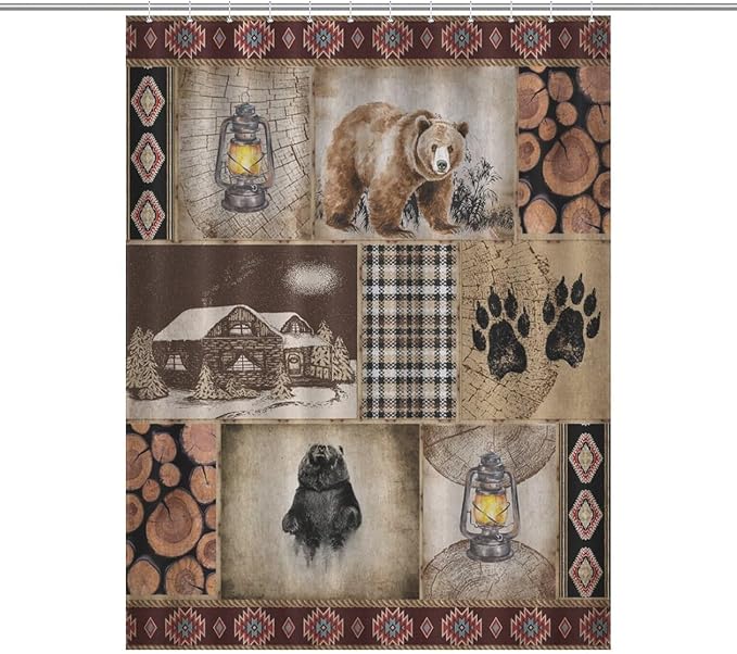 Rustic Cabin Vintage Bear Shower Curtain Boho Farmhouse Country Lodge Woodland Waterproof Shower Curtains for Bathroom Decor 12 Pack Hooks 55x72in（140x183cm）