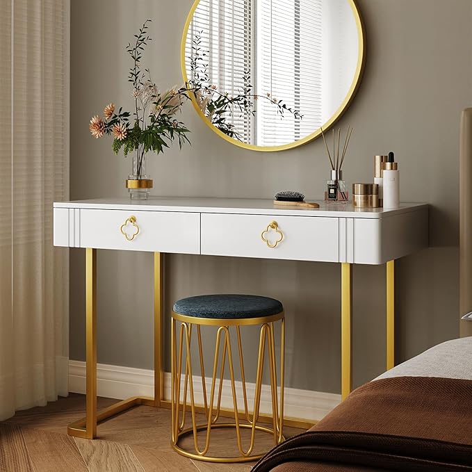 Tamworth Design White Vanity Desk with 2 Drawers, Gold and White Desk,Home Office Desk Modern Makeup Vanity Table, Entryway Console Table, Sofa Table (Deluxe Leg)