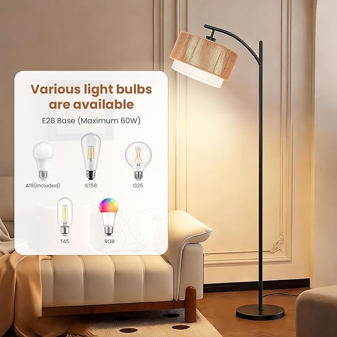 TJOY Floor Lamp for Living Room with 12W LED Bulb, Arc Floor Lamp, 3 Color Temperatures Standing Floor Lamp with Boho Rattan & Fabric Shades for Living Room, Bedroom, Farmhouse, Corner