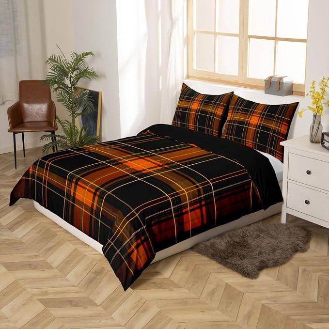 Erosebridal Orange Black Geometric Duvet Cover Full Grid Checkered Comforter Cover for Kids Teens Rustic Farmhouse Cabin Decor Bedding Set Retro Stripes Lines Bed Set with Zipper