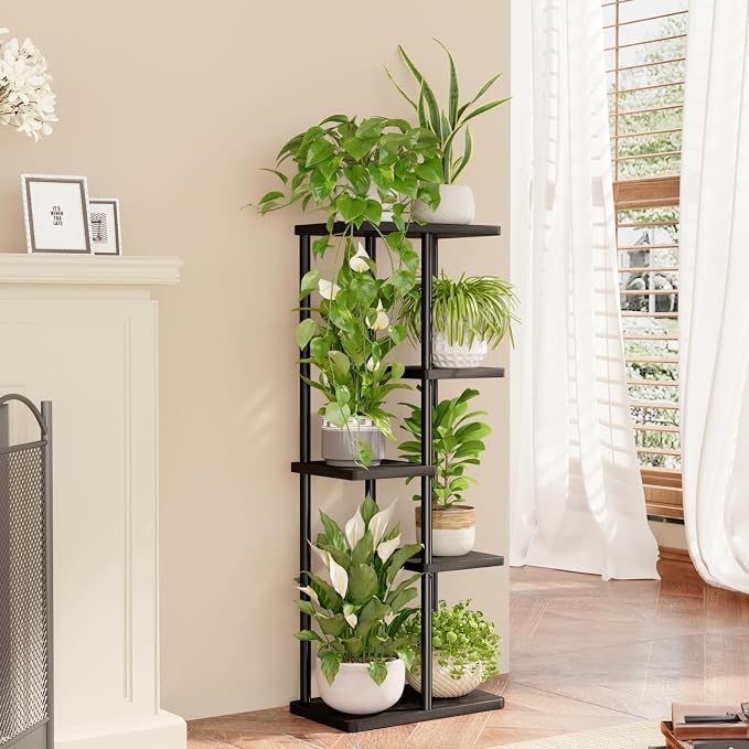 Bamworld Plant Stand Indoor, Corner 5 Tier Metal Plant Shelf for Multiple Plants, Tiered Flower Pot Stands for Patio Garden Balcony Living Room Bedroom, Black