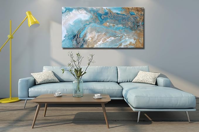 weiyiart Blue Abstract Canvas Wall Art for Living Room, Navy and Gold Fluid Marble Picture Prints, Modern Painting Artwork for Bedroom, Bathroom, Office, Home Decor 20x40 Inch