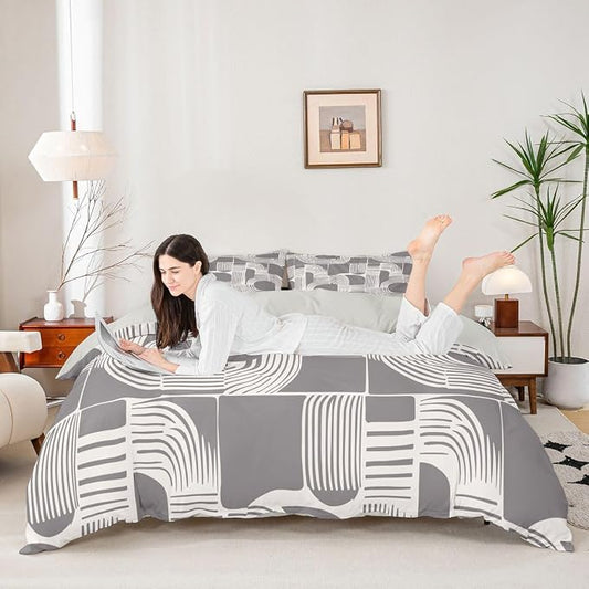 Erosebridal Mid Century Teens Duvet Cover 2 Piece Bohemian Ethnic Bedding Set Toddler Size Boho Geometric Comforter Cover for Kids Boys Adult Bedroom Modern Simple Gray Stripes Bed Sets