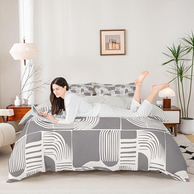 Erosebridal Mid Century Teens Duvet Cover 2 Piece Bohemian Ethnic Bedding Set Twin Size Boho Geometric Comforter Cover for Kids Boys Adult Bedroom Modern Simple Gray Stripes Bed Sets