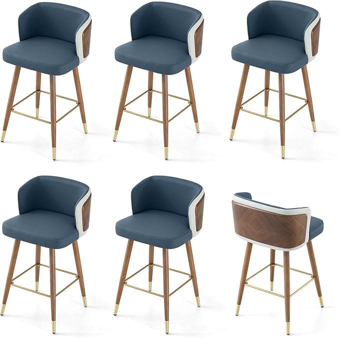 ARTPLAN Mid Century Modern Bar Stools Set of 6 for Counter Height - Leather Upholstered Seat with Walnut Wood Frame, Retro 34 Inch Bar Chairs for Home Kitchen Island, Bar, Breakfast Nook,Navy Blue