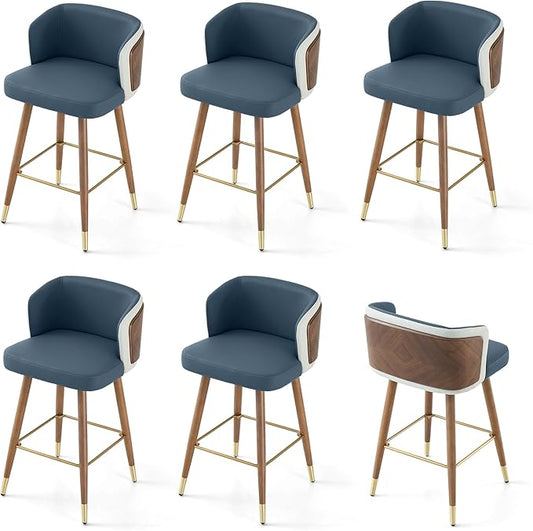 ARTPLAN Mid Century Modern Bar Stools Set of 6 for Counter Height - Leather Upholstered Seat with Walnut Wood Frame, Retro 34 Inch Bar Chairs for Home Kitchen Island, Bar, Breakfast Nook,Navy Blue