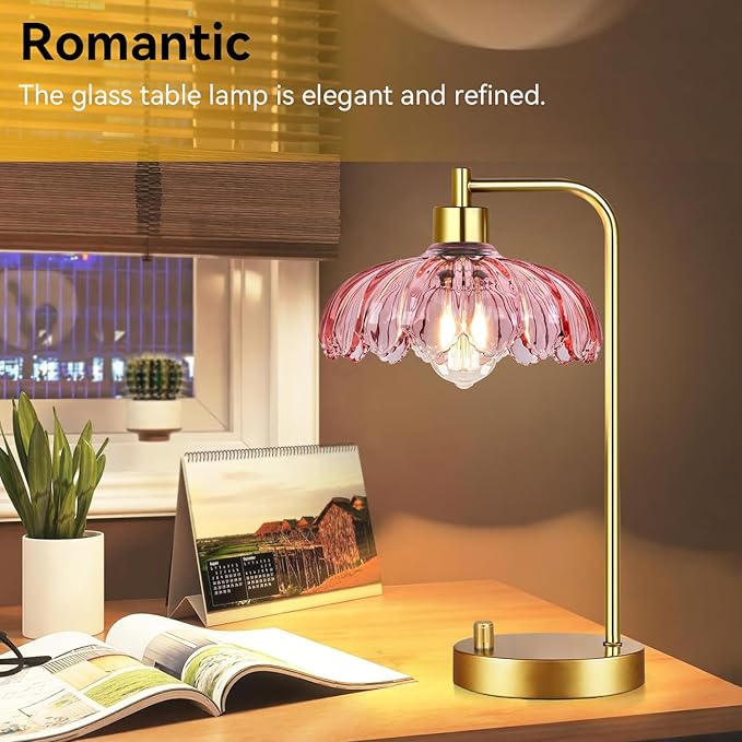 Pink Table Lamp Set of 2,Small Gold Bedside Lamps Dimmable Boho Bedroom Lamp with Tulip Flower Glass Lamp Shade,Vintage Mid Century Modern Mini Nightstand Lamp for Bedroom Living Room