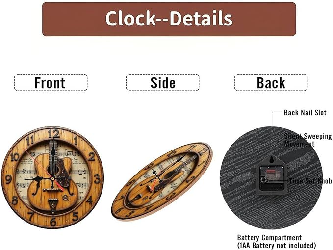 Tan Black Acoustic Guitar Round Wall Clock - 10 Inch Non-Ticking Timepiece for Study Play Room Kitchen Decor