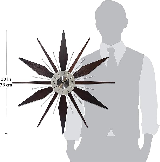 Infinity Instruments Utopia Mid-Century 30 inch Wood and Metal Wall Clock, Walnut Dark Wood