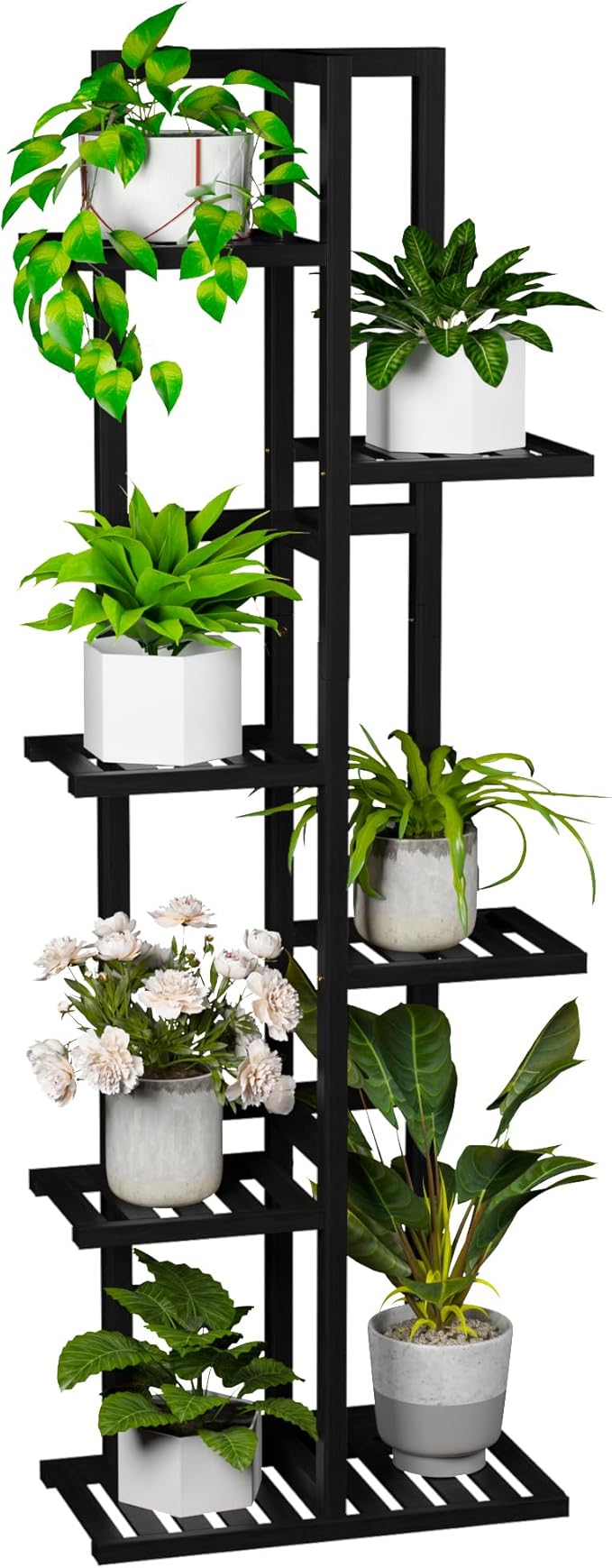 ROMGUAR CRAFT 6 Tier Bamboo Plant Stand Indoor, Wood Tall Flower Holder Corner Tiered Plant Shelf for Multiple Plants (Black)
