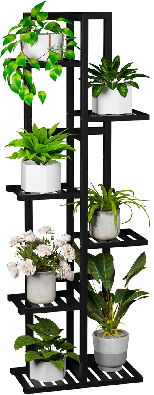 ROMGUAR CRAFT 6 Tier Bamboo Plant Stand Indoor, Wood Tall Flower Holder Corner Tiered Plant Shelf for Multiple Plants (Black)